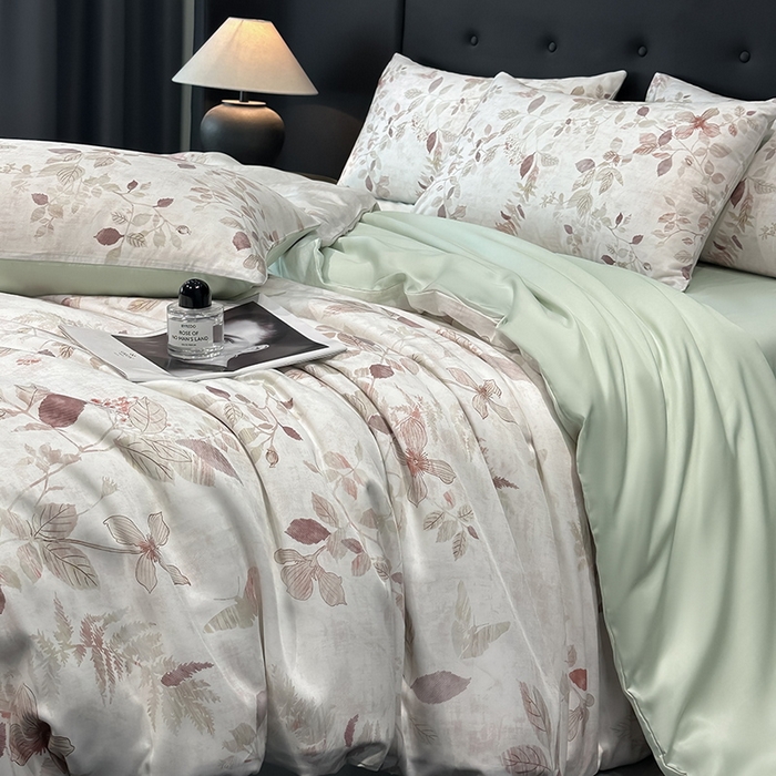 91家纺网 家纺一手货源 找家纺 慕晨 2025新款莱赛尔天丝数码印花四件套莱赛尔夏被四件套天丝夏凉被直播热款四件套 藏幽 绿