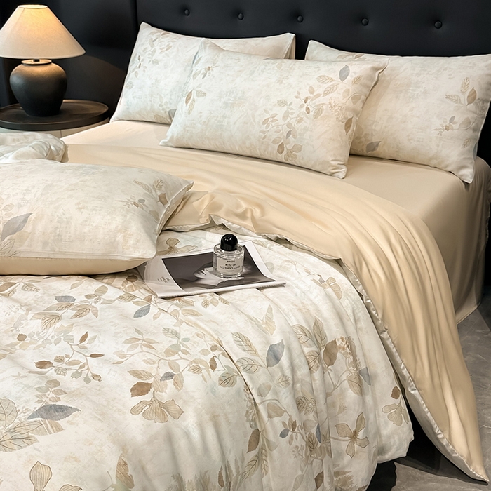 91家纺网 家纺一手货源 找家纺 慕晨 2025新款莱赛尔天丝数码印花四件套莱赛尔夏被四件套天丝夏凉被直播热款四件套 藏幽 香槟