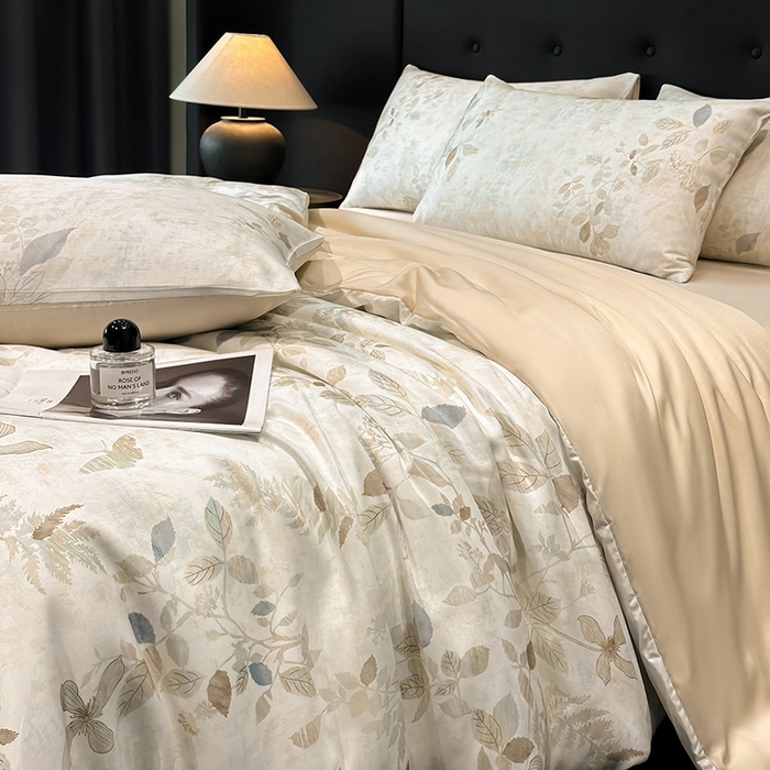 91家纺网 家纺一手货源 找家纺 慕晨 2025新款莱赛尔天丝数码印花四件套莱赛尔夏被四件套天丝夏凉被直播热款四件套 藏幽 香槟