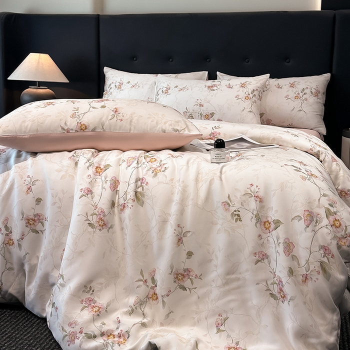 91家纺网 家纺一手货源 找家纺 慕晨 2025新款莱赛尔天丝数码印花四件套莱赛尔夏被四件套天丝夏凉被直播热款四件套 花漾 粉