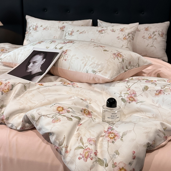 91家纺网 家纺一手货源 找家纺 慕晨 2025新款莱赛尔天丝数码印花四件套莱赛尔夏被四件套天丝夏凉被直播热款四件套 花漾 粉