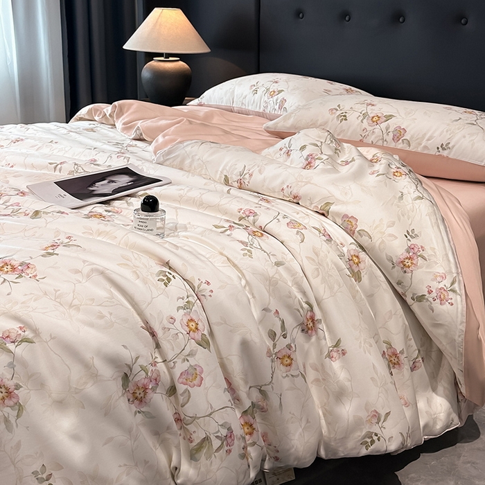 91家纺网 家纺一手货源 找家纺 慕晨 2025新款莱赛尔天丝数码印花四件套莱赛尔夏被四件套天丝夏凉被直播热款四件套 花漾 粉