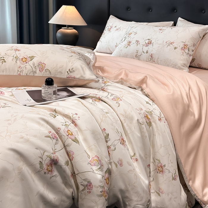 91家纺网 家纺一手货源 找家纺 慕晨 2025新款莱赛尔天丝数码印花四件套莱赛尔夏被四件套天丝夏凉被直播热款四件套 花漾 粉