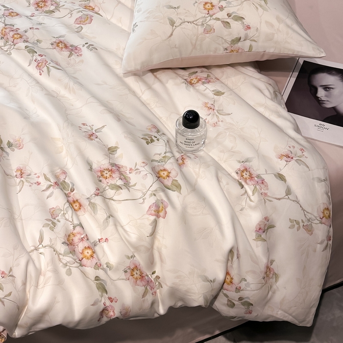 91家纺网 家纺一手货源 找家纺 慕晨 2025新款莱赛尔天丝数码印花四件套莱赛尔夏被四件套天丝夏凉被直播热款四件套 花漾 粉