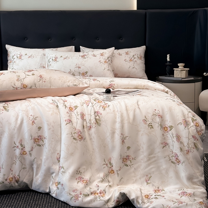 91家纺网 家纺一手货源 找家纺 慕晨 2025新款莱赛尔天丝数码印花四件套莱赛尔夏被四件套天丝夏凉被直播热款四件套 花漾 粉