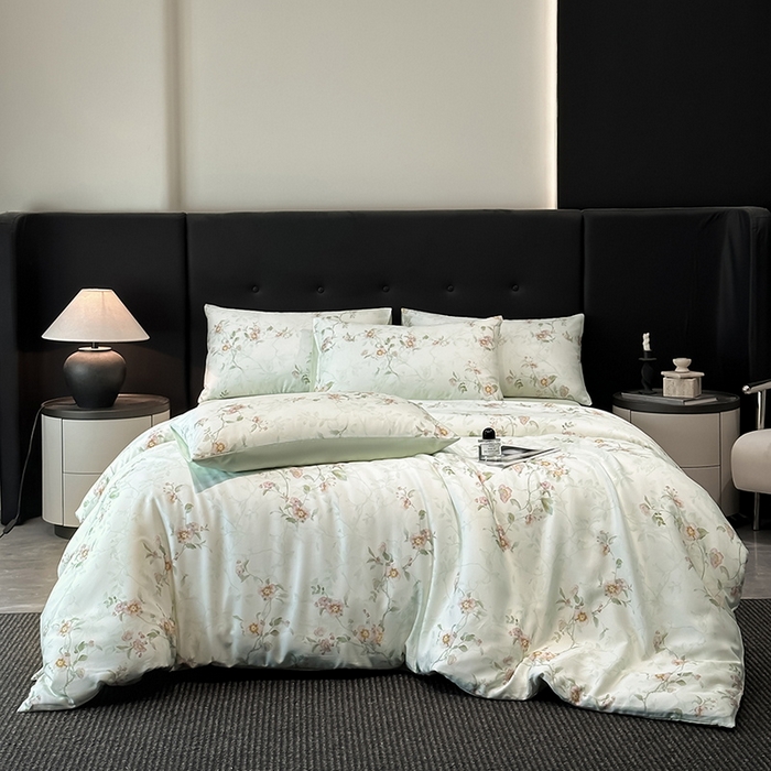 91家纺网 家纺一手货源 找家纺 慕晨 2025新款莱赛尔天丝数码印花四件套莱赛尔夏被四件套天丝夏凉被直播热款四件套 花漾 绿