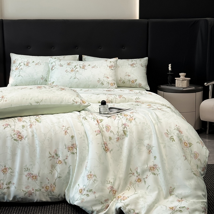 91家纺网 家纺一手货源 找家纺 慕晨 2025新款莱赛尔天丝数码印花四件套莱赛尔夏被四件套天丝夏凉被直播热款四件套 花漾 绿