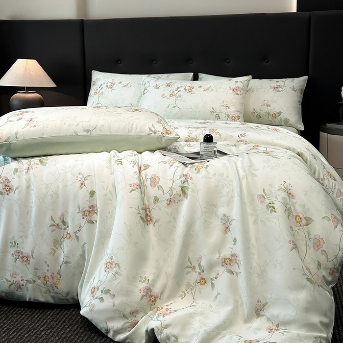 91家纺网 家纺一手货源 找家纺 慕晨 2025新款莱赛尔天丝数码印花四件套莱赛尔夏被四件套天丝夏凉被直播热款四件套 花漾 绿