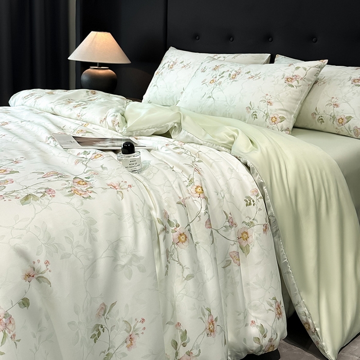 91家纺网 家纺一手货源 找家纺 慕晨 2025新款莱赛尔天丝数码印花四件套莱赛尔夏被四件套天丝夏凉被直播热款四件套 花漾 绿