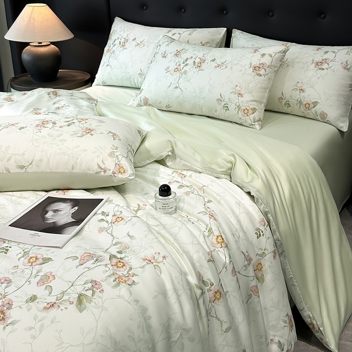 91家纺网 家纺一手货源 找家纺 慕晨 2025新款莱赛尔天丝数码印花四件套莱赛尔夏被四件套天丝夏凉被直播热款四件套 花漾 绿