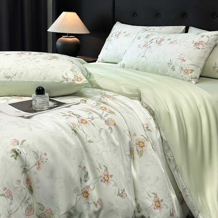 91家纺网 家纺一手货源 找家纺 慕晨 2025新款莱赛尔天丝数码印花四件套莱赛尔夏被四件套天丝夏凉被直播热款四件套 花漾 绿