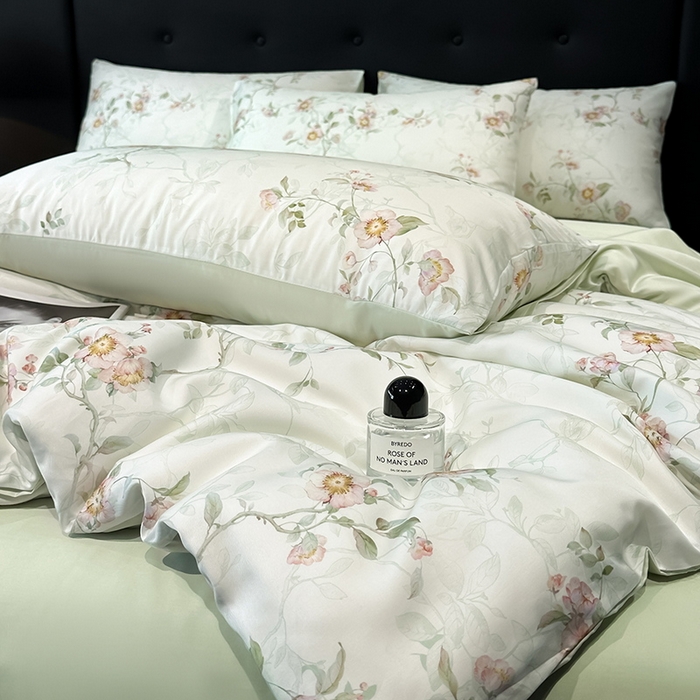 91家纺网 家纺一手货源 找家纺 慕晨 2025新款莱赛尔天丝数码印花四件套莱赛尔夏被四件套天丝夏凉被直播热款四件套 花漾 绿