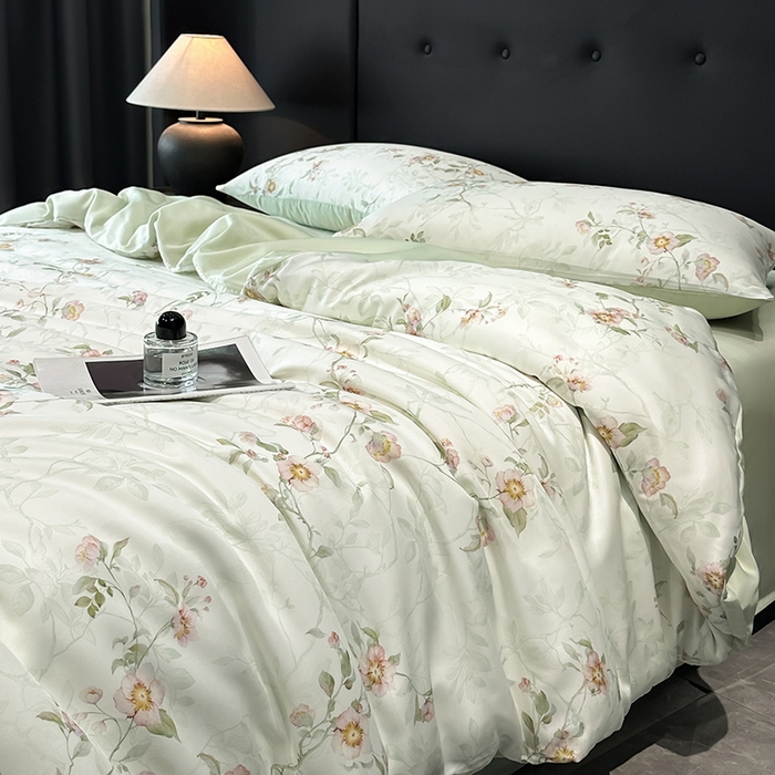 91家纺网 家纺一手货源 找家纺 慕晨 2025新款莱赛尔天丝数码印花四件套莱赛尔夏被四件套天丝夏凉被直播热款四件套 花漾 绿