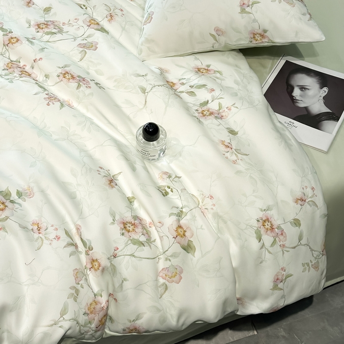 91家纺网 家纺一手货源 找家纺 慕晨 2025新款莱赛尔天丝数码印花四件套莱赛尔夏被四件套天丝夏凉被直播热款四件套 花漾 绿