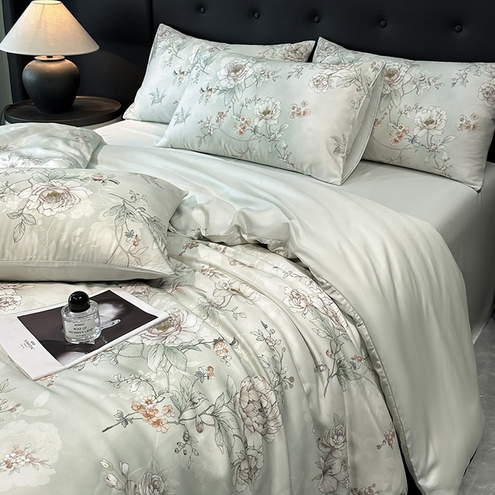 91家纺网 家纺一手货源 找家纺 慕晨 2025新款莱赛尔天丝数码印花四件套莱赛尔夏被四件套天丝夏凉被直播热款四件套 锦兮 绿