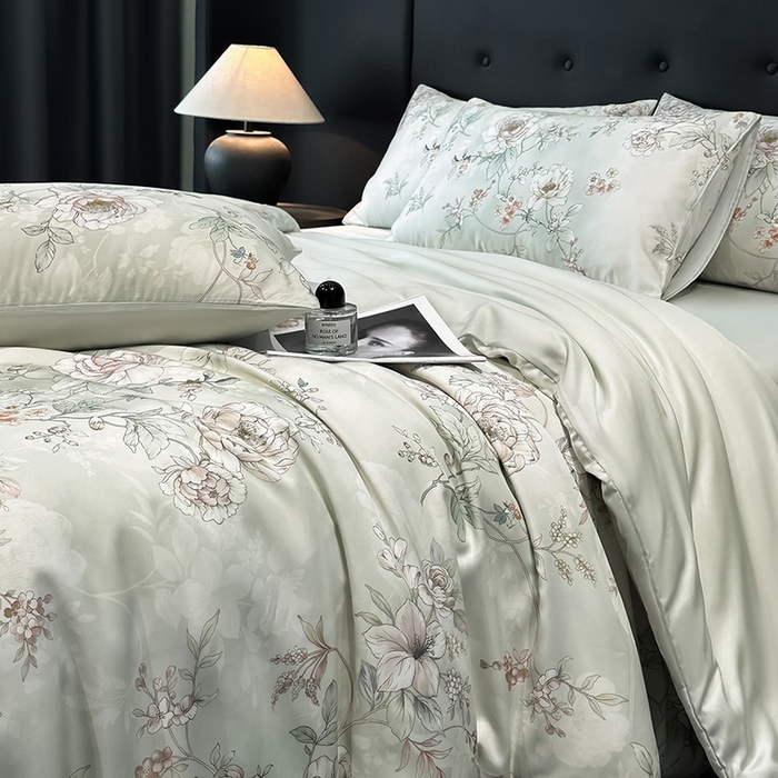 91家纺网 家纺一手货源 找家纺 慕晨 2025新款莱赛尔天丝数码印花四件套莱赛尔夏被四件套天丝夏凉被直播热款四件套 锦兮 绿