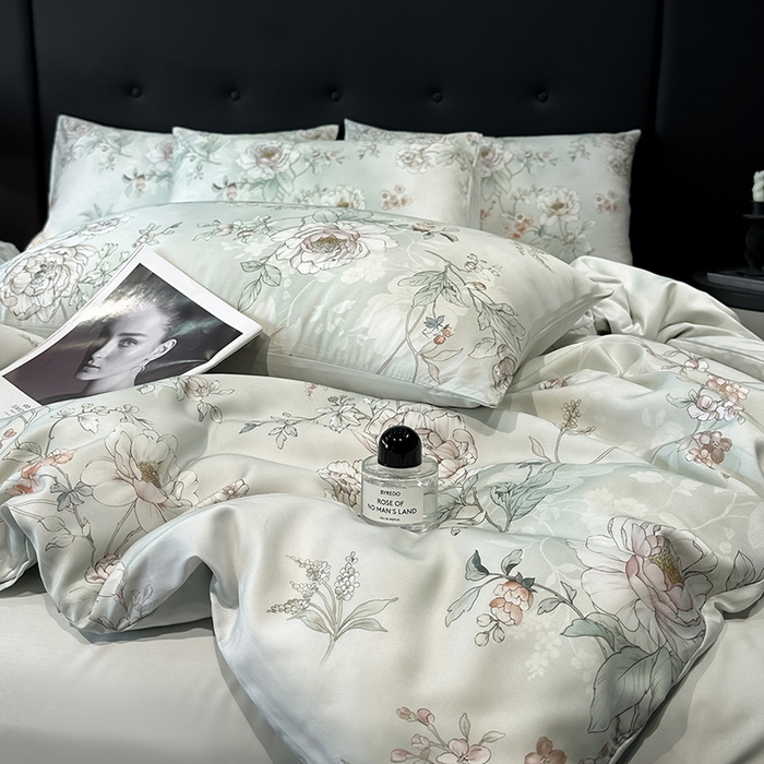 91家纺网 家纺一手货源 找家纺 慕晨 2025新款莱赛尔天丝数码印花四件套莱赛尔夏被四件套天丝夏凉被直播热款四件套 锦兮 绿