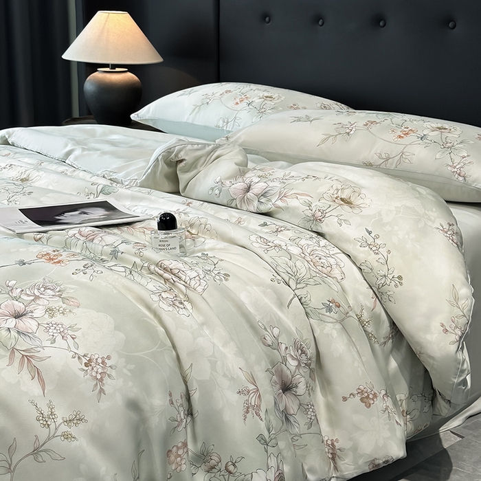 91家纺网 家纺一手货源 找家纺 慕晨 2025新款莱赛尔天丝数码印花四件套莱赛尔夏被四件套天丝夏凉被直播热款四件套 锦兮 绿