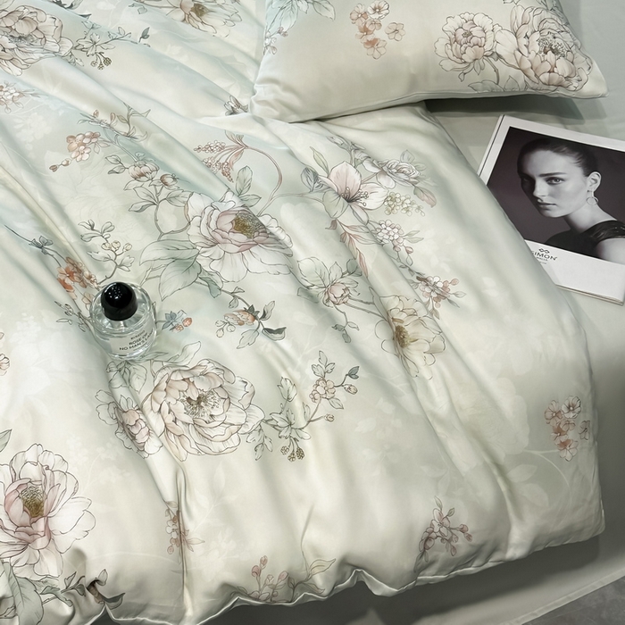 91家纺网 家纺一手货源 找家纺 慕晨 2025新款莱赛尔天丝数码印花四件套莱赛尔夏被四件套天丝夏凉被直播热款四件套 锦兮 绿