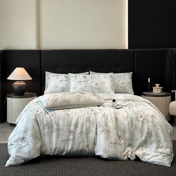 91家纺网 家纺一手货源 找家纺 慕晨 2025新款莱赛尔天丝数码印花四件套莱赛尔夏被四件套天丝夏凉被直播热款四件套 锦兮 绿