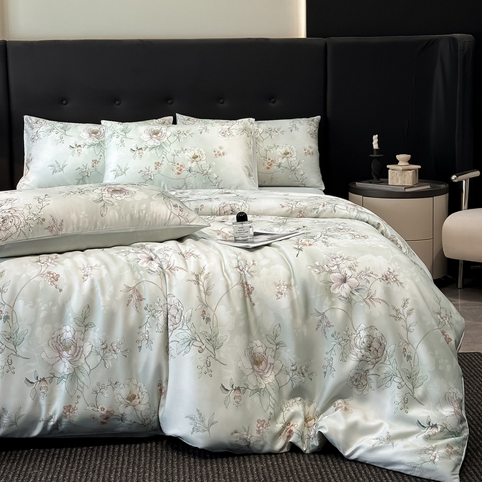 91家纺网 家纺一手货源 找家纺 慕晨 2025新款莱赛尔天丝数码印花四件套莱赛尔夏被四件套天丝夏凉被直播热款四件套 锦兮 绿