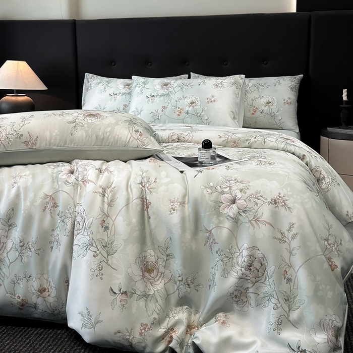 91家纺网 家纺一手货源 找家纺 慕晨 2025新款莱赛尔天丝数码印花四件套莱赛尔夏被四件套天丝夏凉被直播热款四件套 锦兮 绿