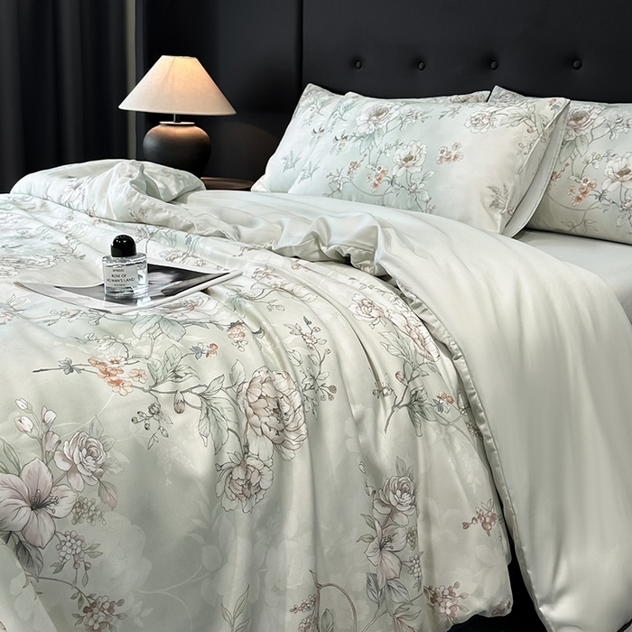 91家纺网 家纺一手货源 找家纺 慕晨 2025新款莱赛尔天丝数码印花四件套莱赛尔夏被四件套天丝夏凉被直播热款四件套 锦兮 绿