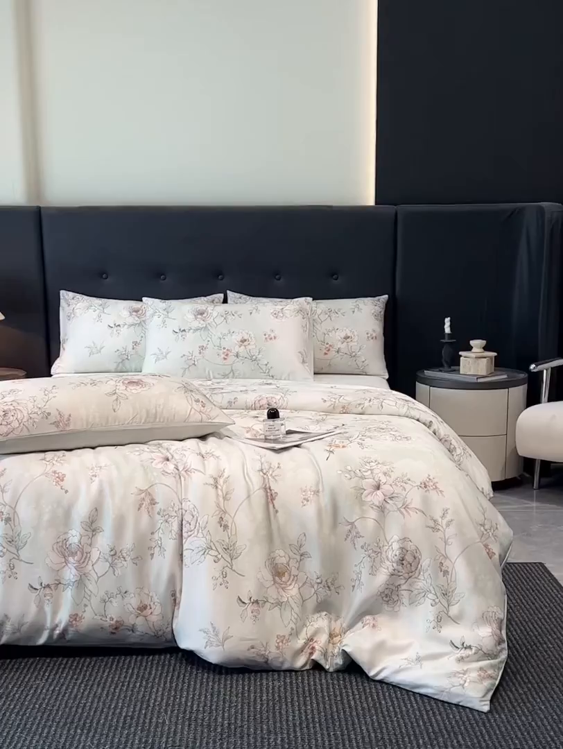 91家纺网 家纺一手货源 找家纺 慕晨 2025新款莱赛尔天丝数码印花四件套莱赛尔夏被四件套天丝夏凉被直播热款四件套 锦兮 绿