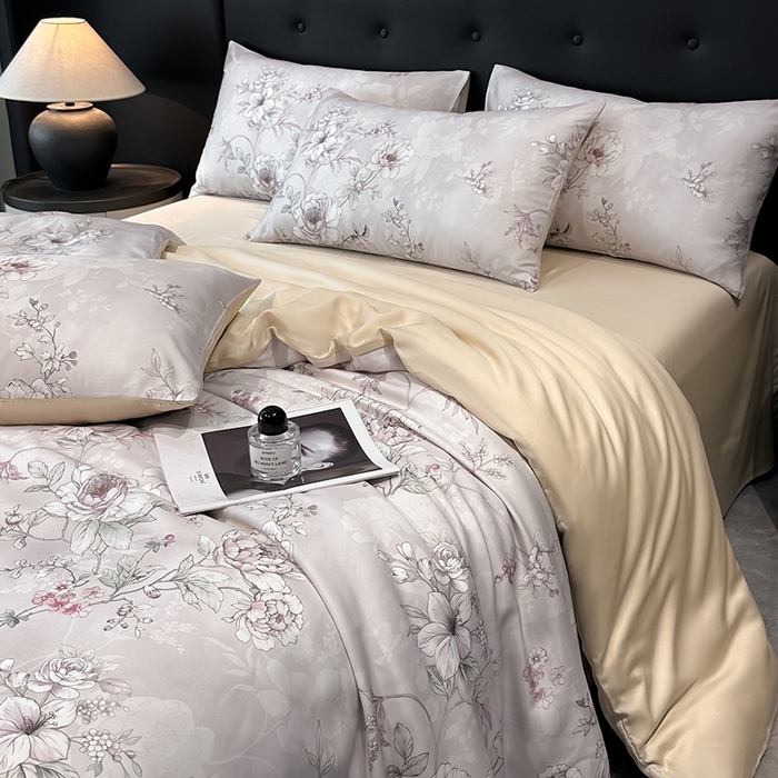 91家纺网 家纺一手货源 找家纺 慕晨 2025新款莱赛尔天丝数码印花四件套莱赛尔夏被四件套天丝夏凉被直播热款四件套 锦兮-粉