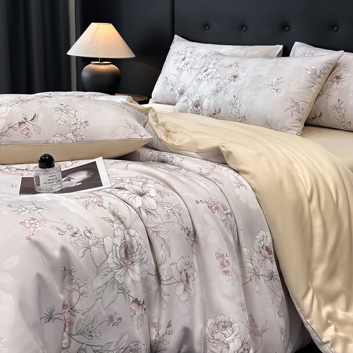 91家纺网 家纺一手货源 找家纺 慕晨 2025新款莱赛尔天丝数码印花四件套莱赛尔夏被四件套天丝夏凉被直播热款四件套 锦兮-粉