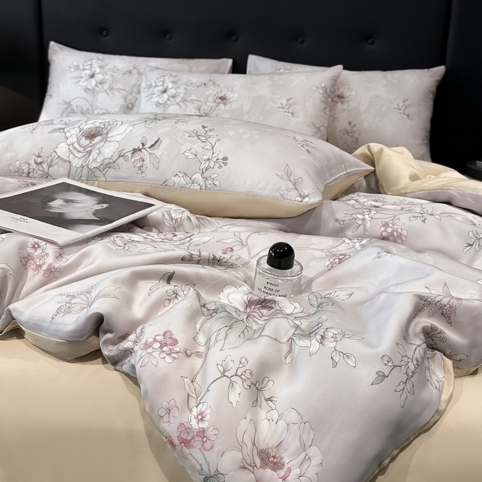 91家纺网 家纺一手货源 找家纺 慕晨 2025新款莱赛尔天丝数码印花四件套莱赛尔夏被四件套天丝夏凉被直播热款四件套 锦兮-粉