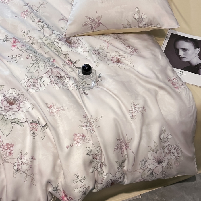 91家纺网 家纺一手货源 找家纺 慕晨 2025新款莱赛尔天丝数码印花四件套莱赛尔夏被四件套天丝夏凉被直播热款四件套 锦兮-粉