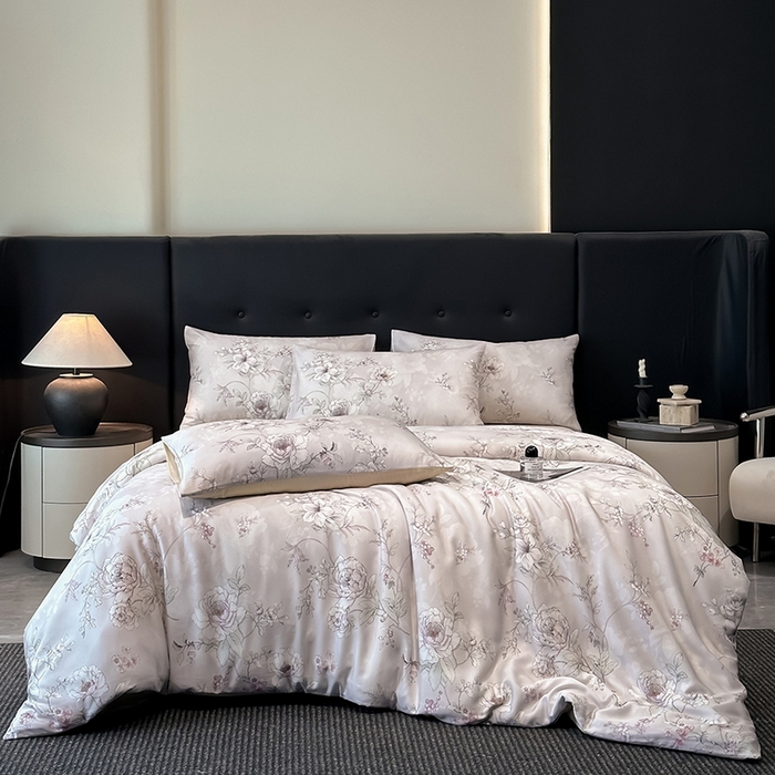 91家纺网 家纺一手货源 找家纺 慕晨 2025新款莱赛尔天丝数码印花四件套莱赛尔夏被四件套天丝夏凉被直播热款四件套 锦兮-粉