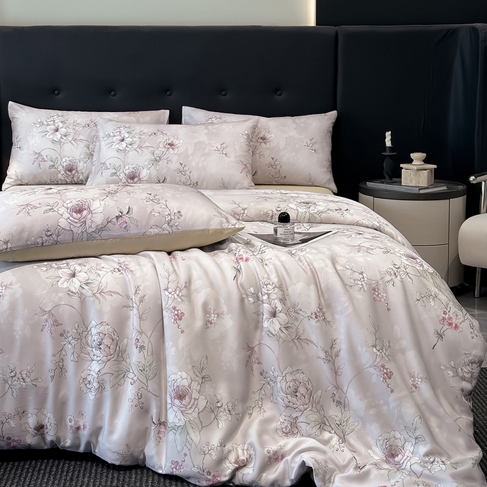 91家纺网 家纺一手货源 找家纺 慕晨 2025新款莱赛尔天丝数码印花四件套莱赛尔夏被四件套天丝夏凉被直播热款四件套 锦兮-粉