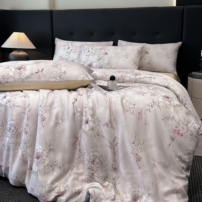 91家纺网 家纺一手货源 找家纺 慕晨 2025新款莱赛尔天丝数码印花四件套莱赛尔夏被四件套天丝夏凉被直播热款四件套 锦兮-粉