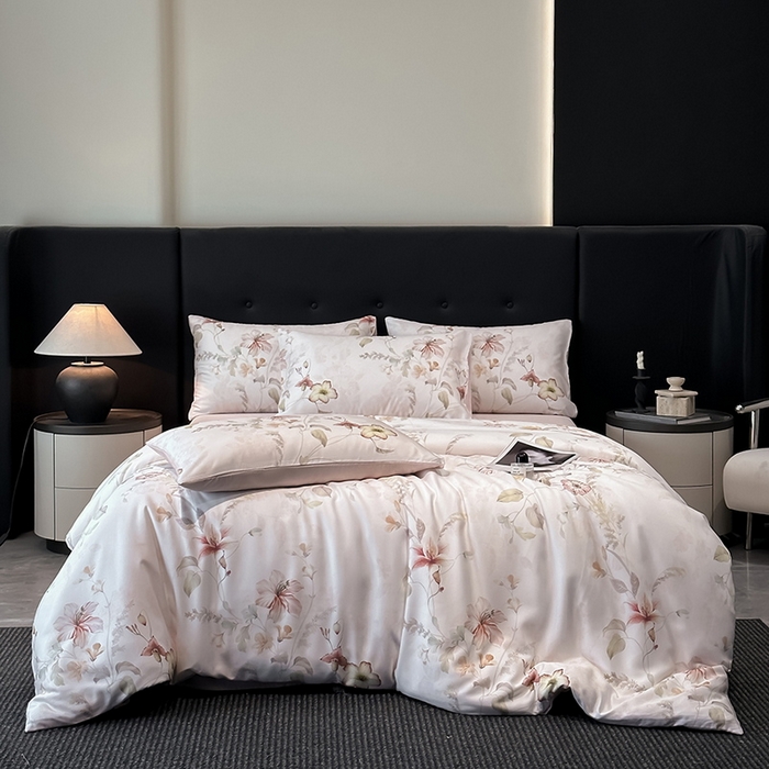 91家纺网 家纺一手货源 找家纺 慕晨 2025新款莱赛尔天丝数码印花四件套莱赛尔夏被四件套天丝夏凉被直播热款四件套 嫚熙 粉