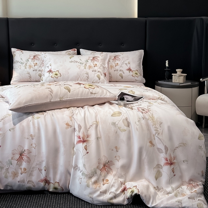 91家纺网 家纺一手货源 找家纺 慕晨 2025新款莱赛尔天丝数码印花四件套莱赛尔夏被四件套天丝夏凉被直播热款四件套 嫚熙 粉