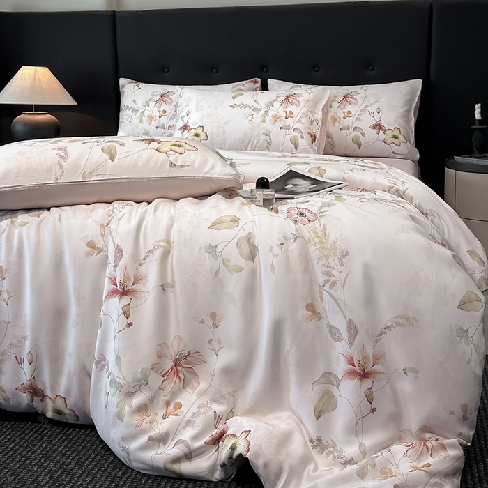 91家纺网 家纺一手货源 找家纺 慕晨 2025新款莱赛尔天丝数码印花四件套莱赛尔夏被四件套天丝夏凉被直播热款四件套 嫚熙 粉