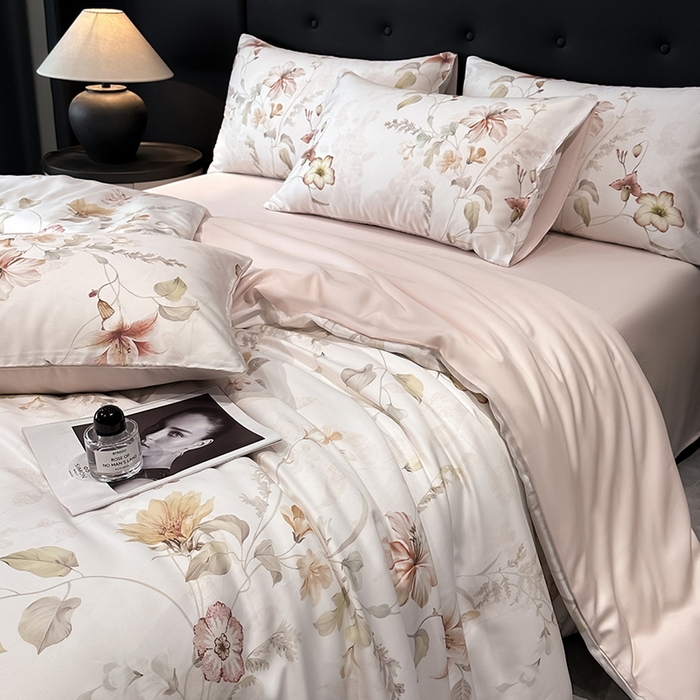 91家纺网 家纺一手货源 找家纺 慕晨 2025新款莱赛尔天丝数码印花四件套莱赛尔夏被四件套天丝夏凉被直播热款四件套 嫚熙 粉