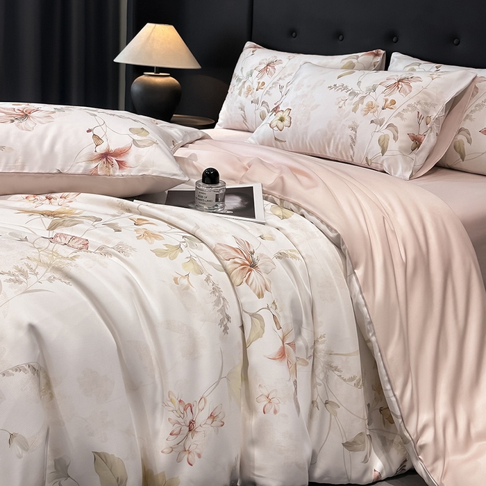 91家纺网 家纺一手货源 找家纺 慕晨 2025新款莱赛尔天丝数码印花四件套莱赛尔夏被四件套天丝夏凉被直播热款四件套 嫚熙 粉