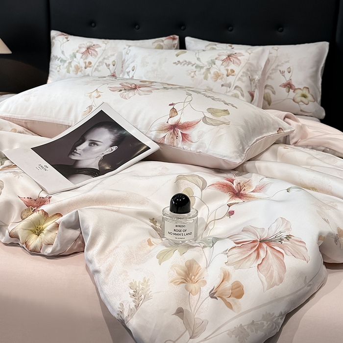 91家纺网 家纺一手货源 找家纺 慕晨 2025新款莱赛尔天丝数码印花四件套莱赛尔夏被四件套天丝夏凉被直播热款四件套 嫚熙 粉