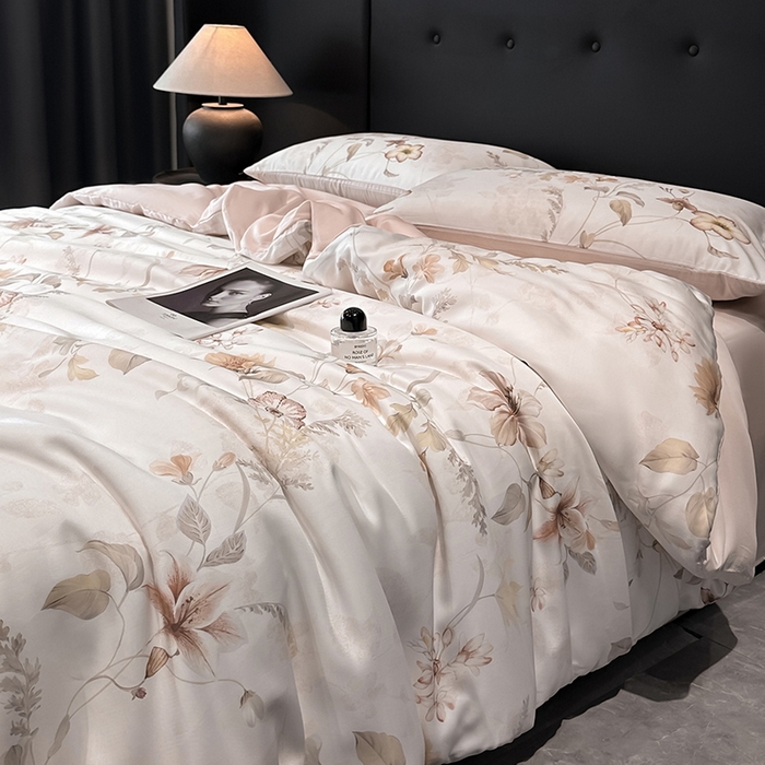 91家纺网 家纺一手货源 找家纺 慕晨 2025新款莱赛尔天丝数码印花四件套莱赛尔夏被四件套天丝夏凉被直播热款四件套 嫚熙 粉