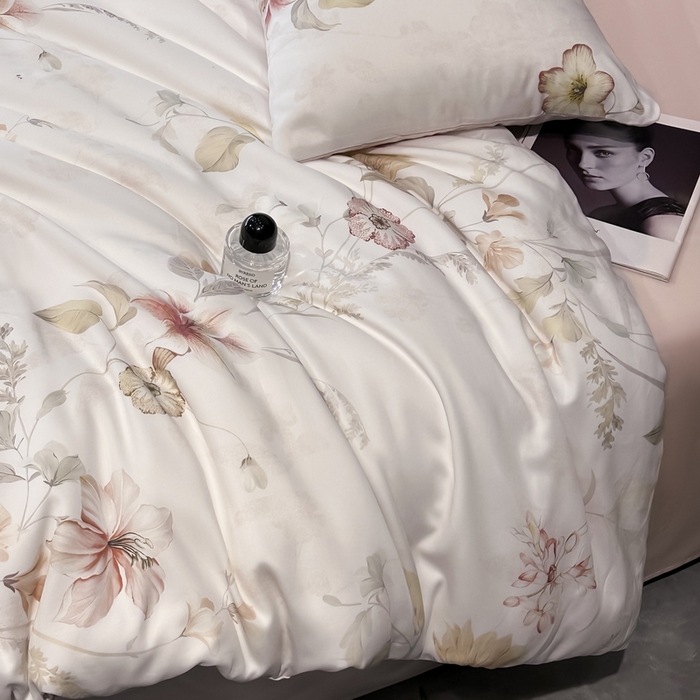 91家纺网 家纺一手货源 找家纺 慕晨 2025新款莱赛尔天丝数码印花四件套莱赛尔夏被四件套天丝夏凉被直播热款四件套 嫚熙 粉