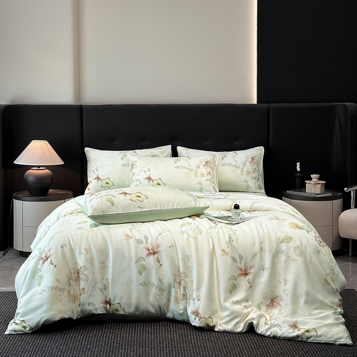 91家纺网 家纺一手货源 找家纺 慕晨 2025新款莱赛尔天丝数码印花四件套莱赛尔夏被四件套天丝夏凉被直播热款四件套 嫚熙 绿