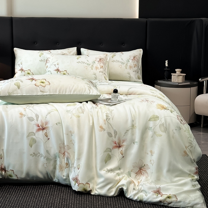 91家纺网 家纺一手货源 找家纺 慕晨 2025新款莱赛尔天丝数码印花四件套莱赛尔夏被四件套天丝夏凉被直播热款四件套 嫚熙 绿