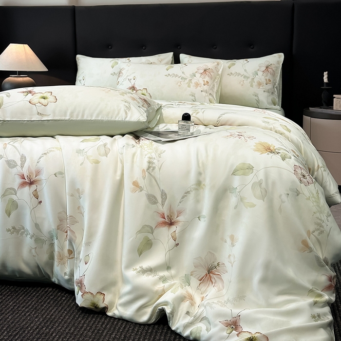 91家纺网 家纺一手货源 找家纺 慕晨 2025新款莱赛尔天丝数码印花四件套莱赛尔夏被四件套天丝夏凉被直播热款四件套 嫚熙 绿