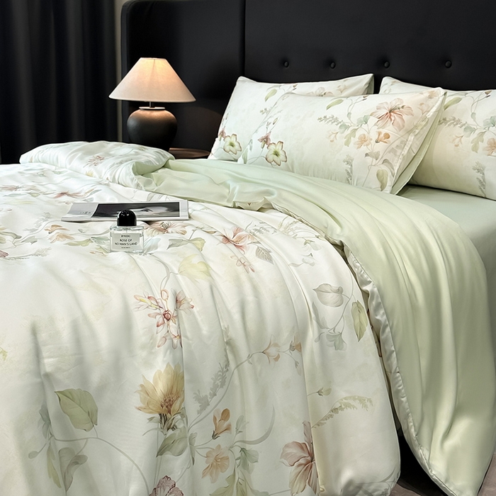 91家纺网 家纺一手货源 找家纺 慕晨 2025新款莱赛尔天丝数码印花四件套莱赛尔夏被四件套天丝夏凉被直播热款四件套 嫚熙 绿