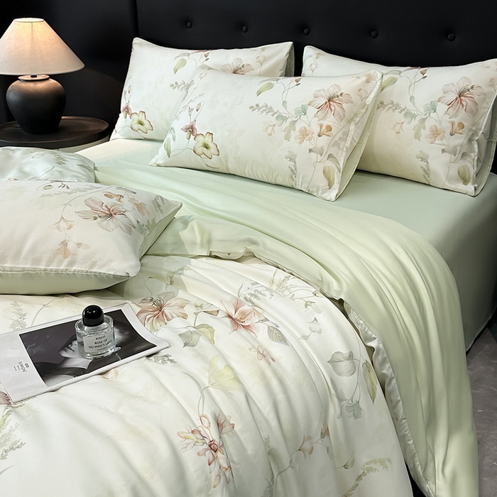 91家纺网 家纺一手货源 找家纺 慕晨 2025新款莱赛尔天丝数码印花四件套莱赛尔夏被四件套天丝夏凉被直播热款四件套 嫚熙 绿