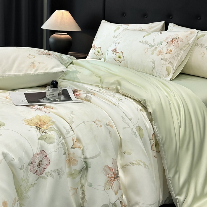 91家纺网 家纺一手货源 找家纺 慕晨 2025新款莱赛尔天丝数码印花四件套莱赛尔夏被四件套天丝夏凉被直播热款四件套 嫚熙 绿