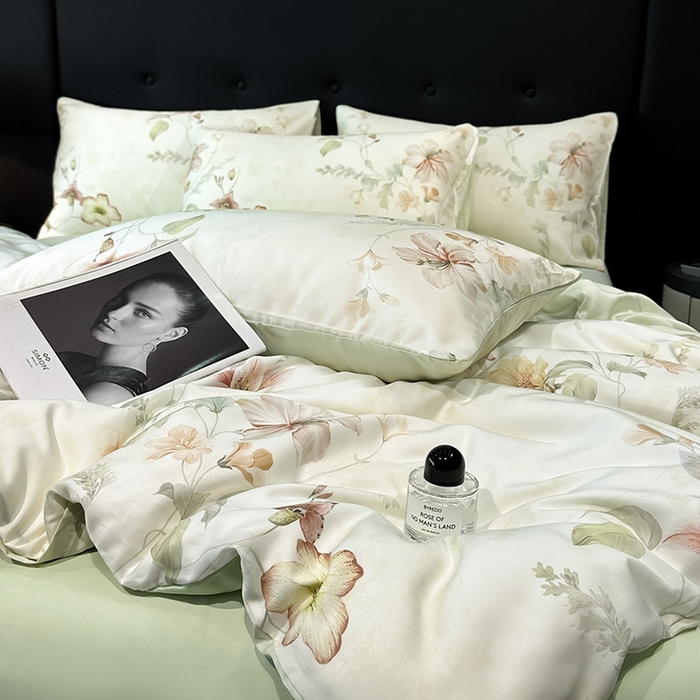 91家纺网 家纺一手货源 找家纺 慕晨 2025新款莱赛尔天丝数码印花四件套莱赛尔夏被四件套天丝夏凉被直播热款四件套 嫚熙 绿